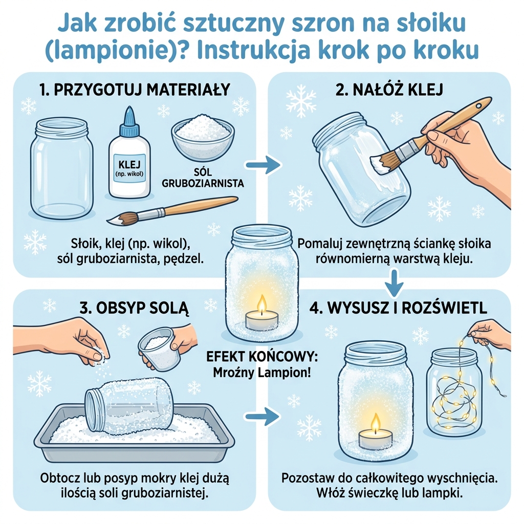Infografika dla rodziców: Jak zrobić sztuczny szron na słoiku z soli i kleju. Instrukcja DIY na zimowy lampion krok po ...