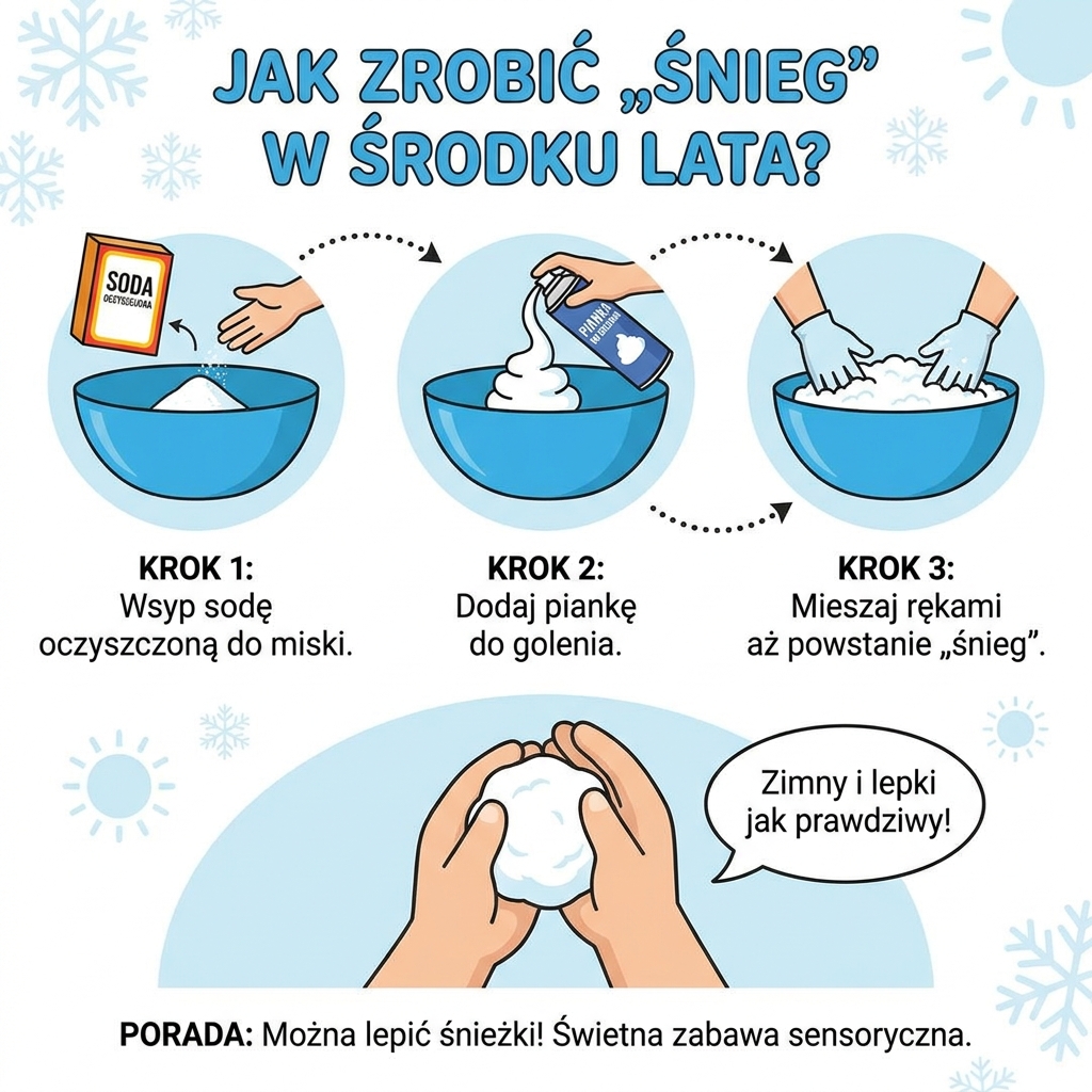Infografika dla rodziców: Jak zrobić sztuczny śnieg z pianki do golenia i sody oczyszczonej – domowa zabawa sensorycz...