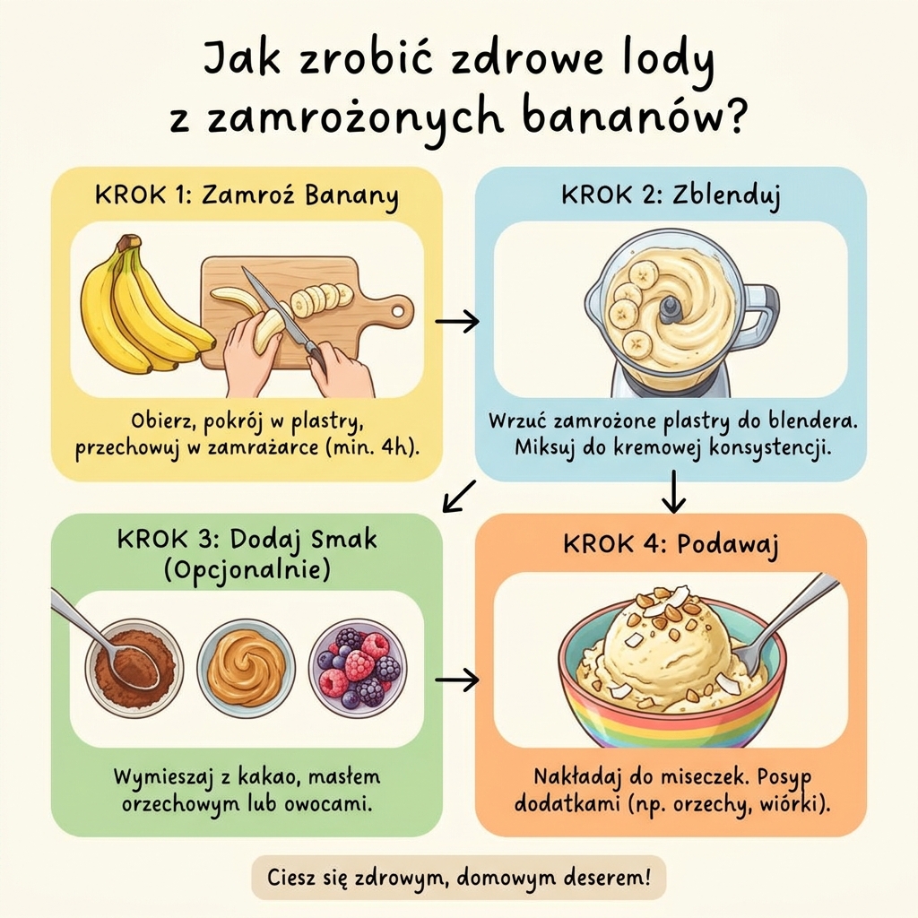 Infografika dla rodziców przedstawiająca prosty przepis krok po kroku, jak zrobić domowe, zdrowe lody z mrożonych bana...