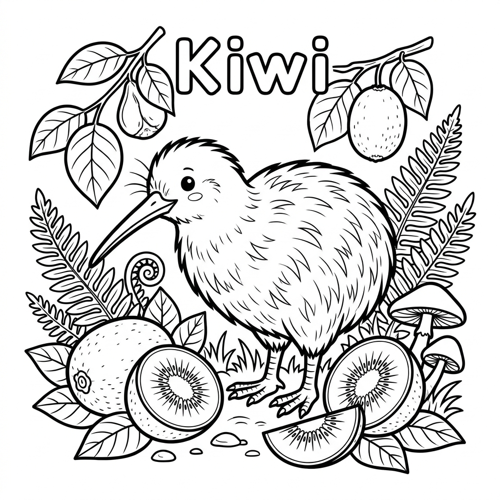Czarno-biała kolorowanka do druku: kiwi, bez tła, tylko kontury. Idealna dla dzieci i dorosłych.