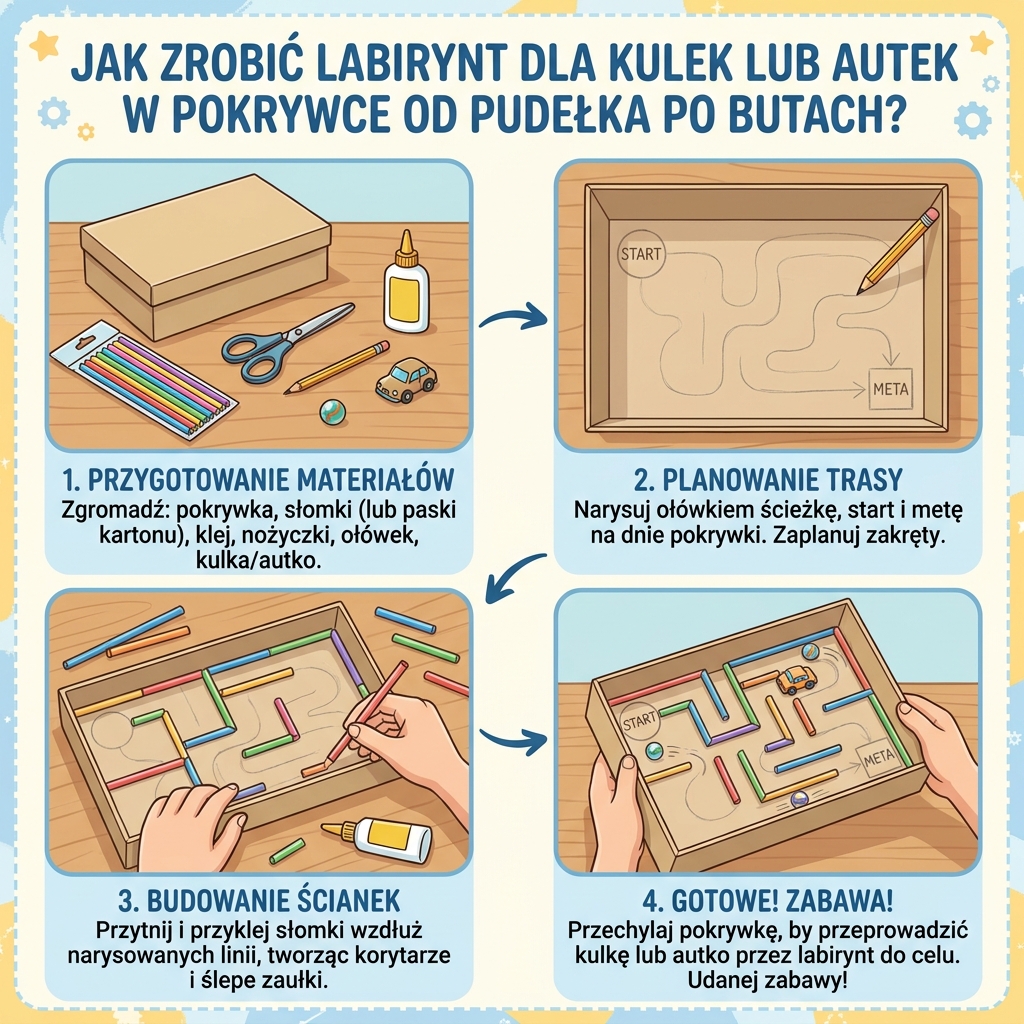 Infografika DIY: Jak zrobić labirynt dla kulek i autek w pokrywce po butach – kreatywna zabawa dla dzieci w domu krok p...