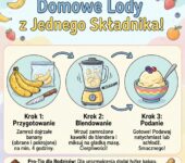 Infografika dla rodziców przedstawiająca prosty przepis krok po kroku, jak zrobić zdrowe domowe lody z jednego składni...