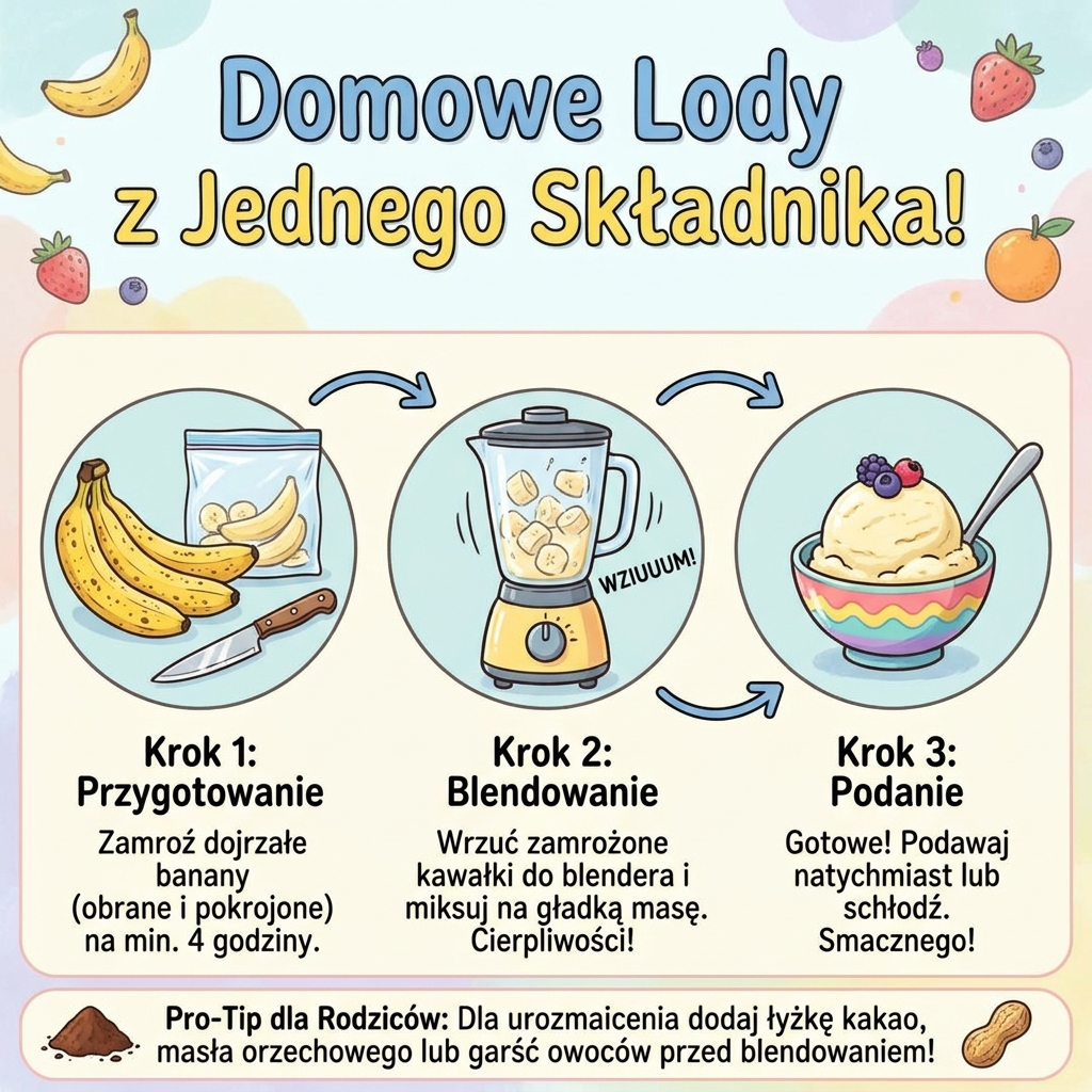 Infografika dla rodziców przedstawiająca prosty przepis krok po kroku, jak zrobić zdrowe domowe lody z jednego składni...