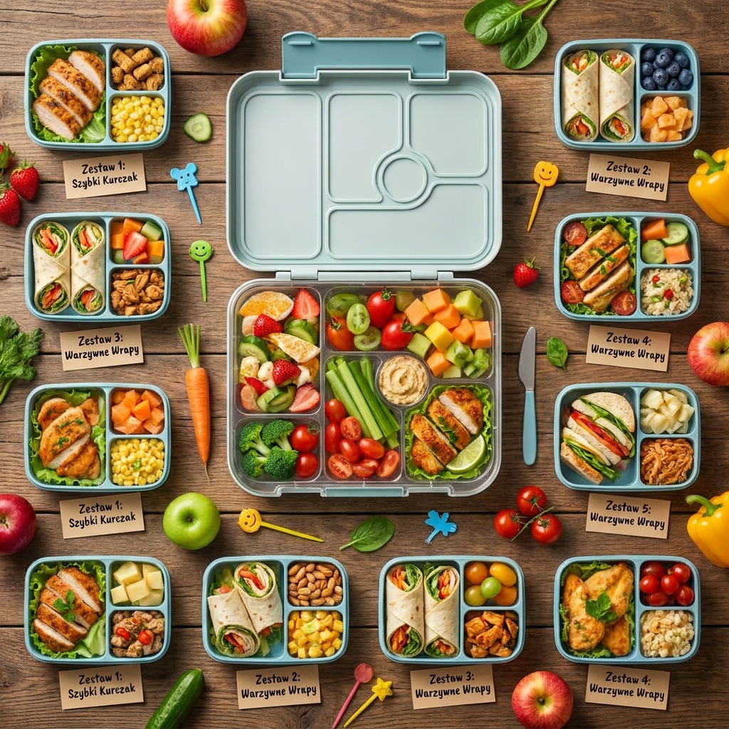 Kolorowy lunchbox do szkoły wypełniony zdrowymi przekąskami dla dziecka, takimi jak świeże owoce, warzywa i pożywne ...