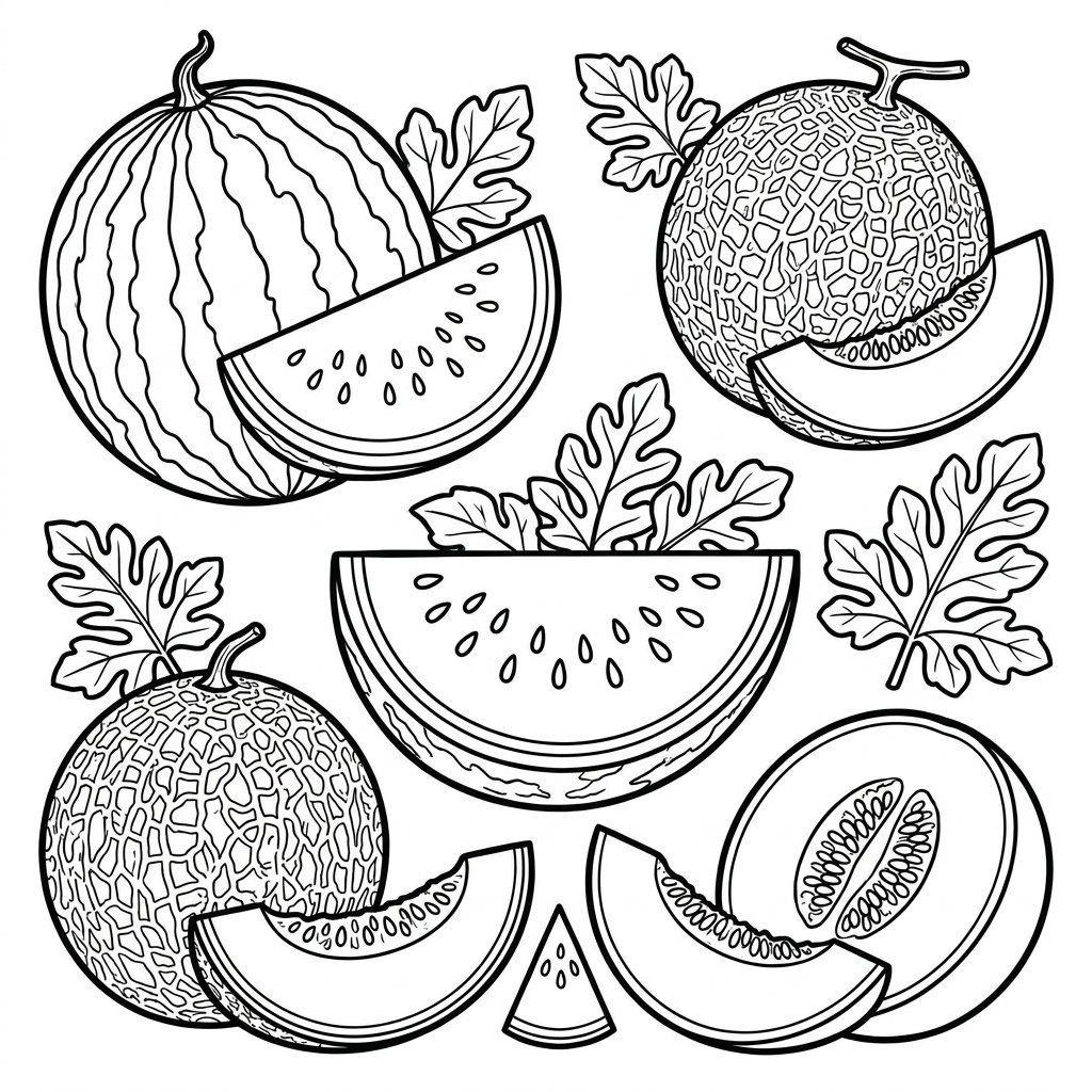 Kolorowanka melon do druku: czarno-biały rysunek melona z czarnymi konturami na białym tle, bez tła i tekstu.