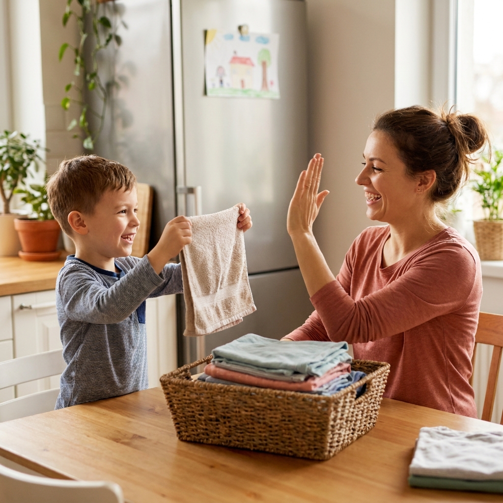 Uśmiechnięta mama i małe dziecko wspólnie wycierają kurze, radosna współpraca przy obowiązkach domowych jako natur...