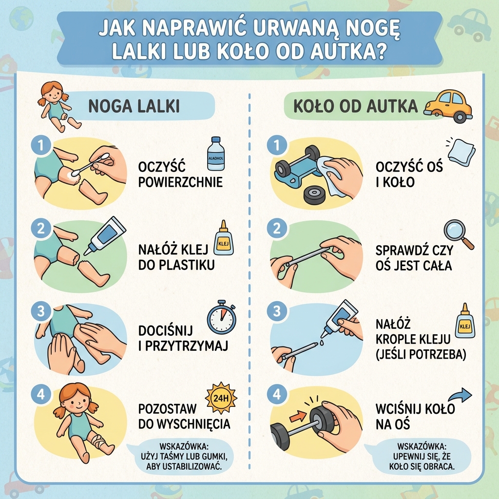 Infografika dla rodziców przedstawiająca praktyczne porady i proste kroki, jak szybko naprawić urwaną nogę lalki lub ...