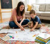 Uśmiechnięta mama i dziecko siedzą przy biurku, wspólnie planując naukę za pomocą kolorowych naklejek, notesów i k...