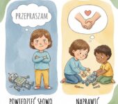 Mama kuca przy smutnym dziecku, trzymając je za ręce w geście wsparcia, ucząc empatii, przepraszania i naprawiania bł...
