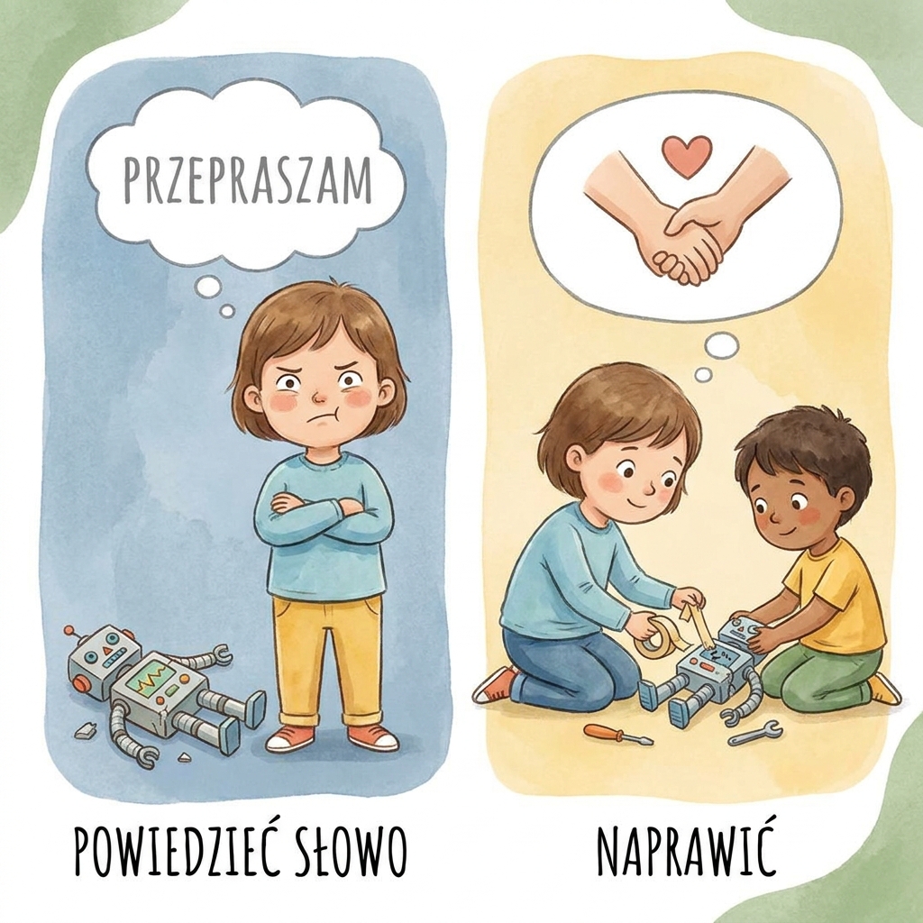 Mama kuca przy smutnym dziecku, trzymając je za ręce w geście wsparcia, ucząc empatii, przepraszania i naprawiania bł...