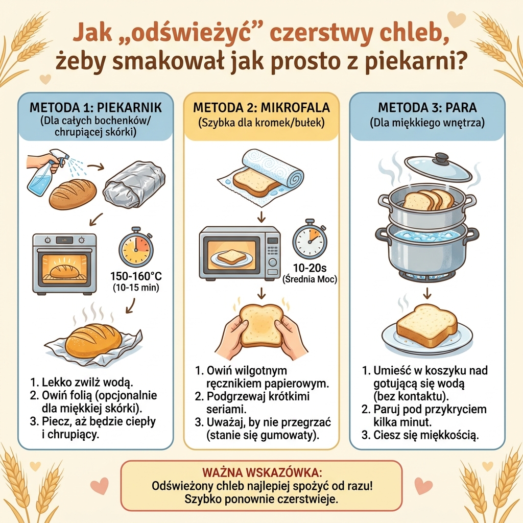 Infografika dla rodziców: Jak odświeżyć czerstwy chleb, by smakował jak z piekarni – sprawdzone domowe sposoby na n...