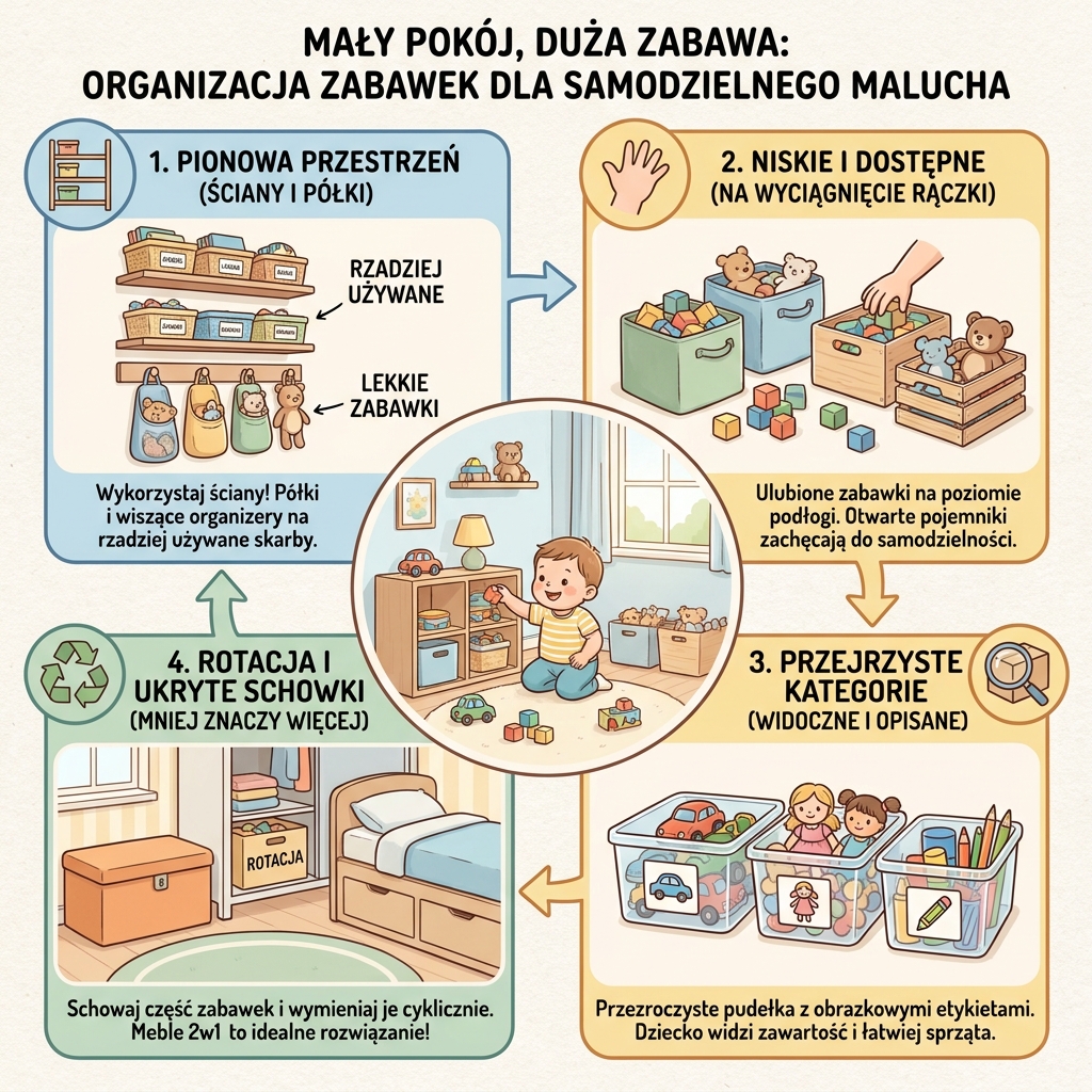 Infografika: Jak zorganizować zabawki w małym pokoju dziecka, by wspierać samodzielność i łatwy dostęp do ulubionyc...