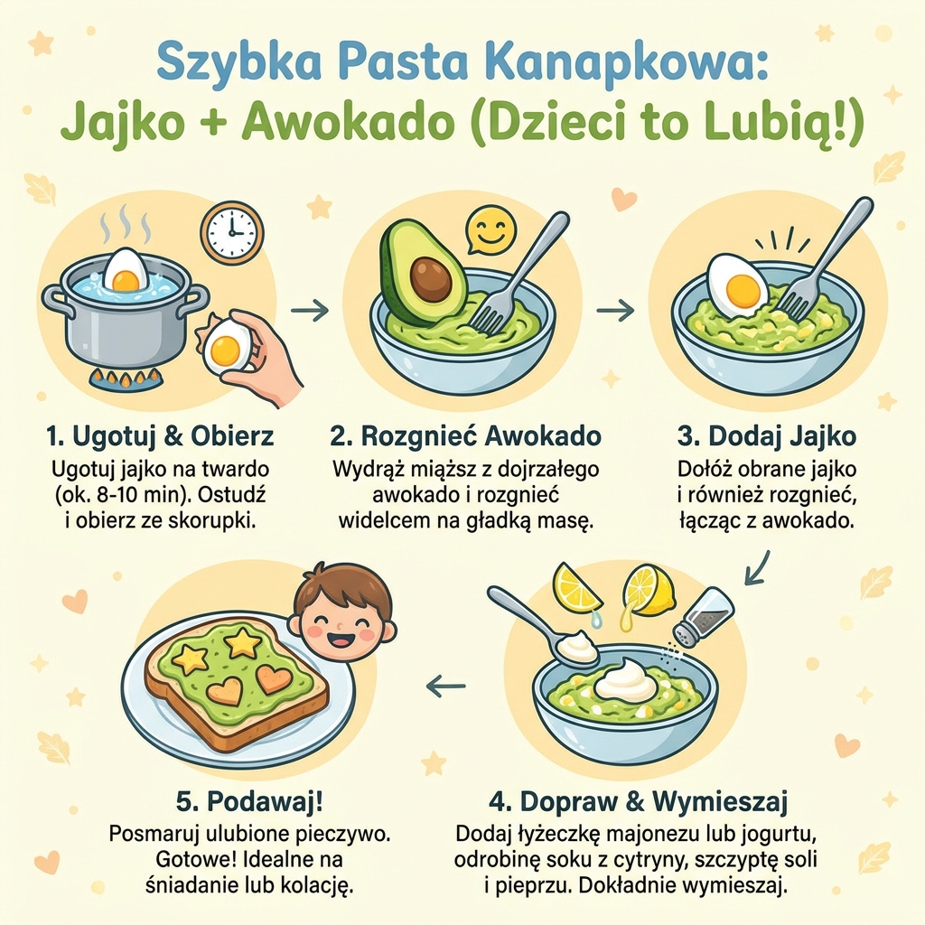 Infografika przedstawiająca prosty przepis dla dzieci na zdrową pastę z jajka i awokado do kanapek, idealna dla każdeg...