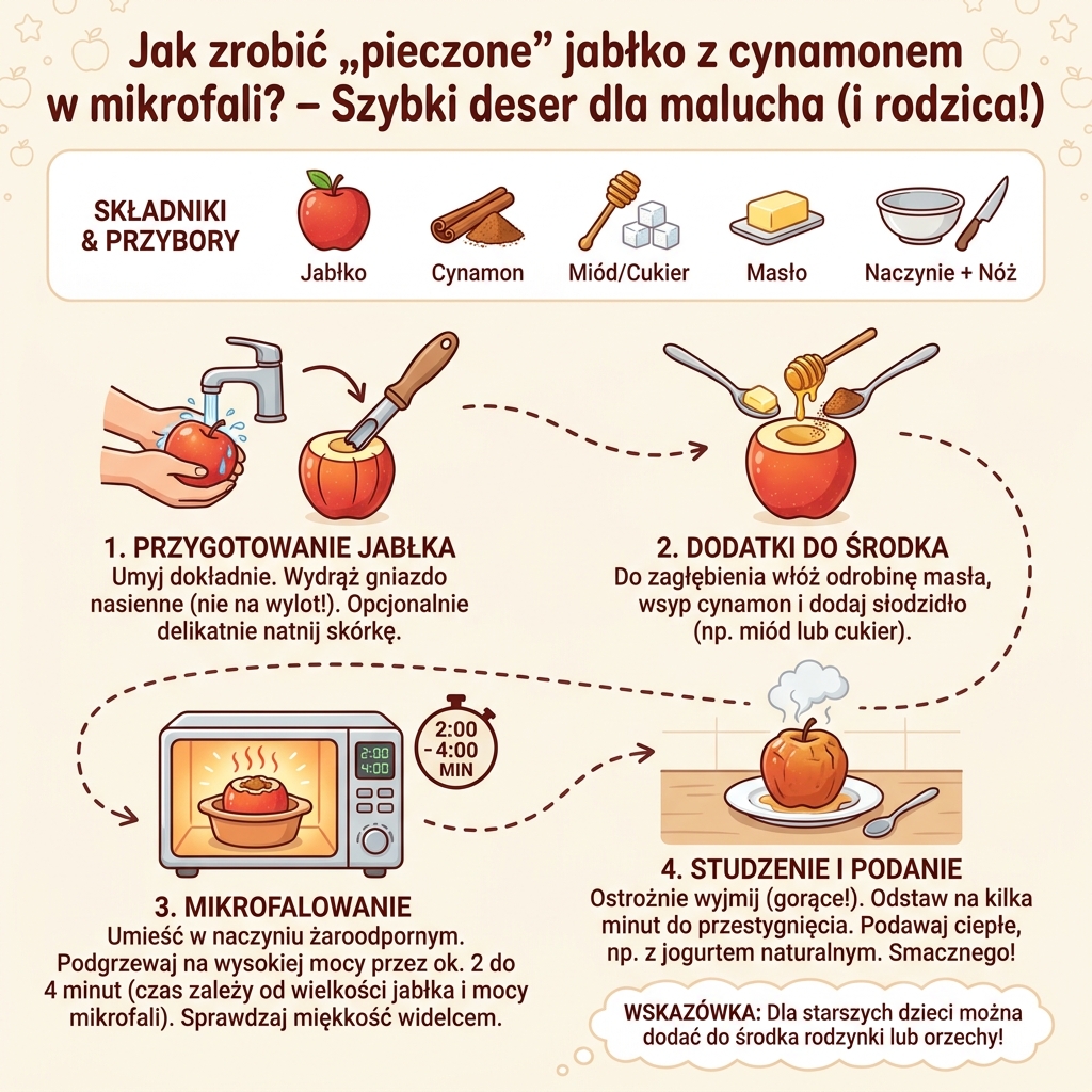 Infografika przedstawiająca prosty przepis krok po kroku, jak przygotować pyszne i aromatyczne pieczone jabłko z cynamo...