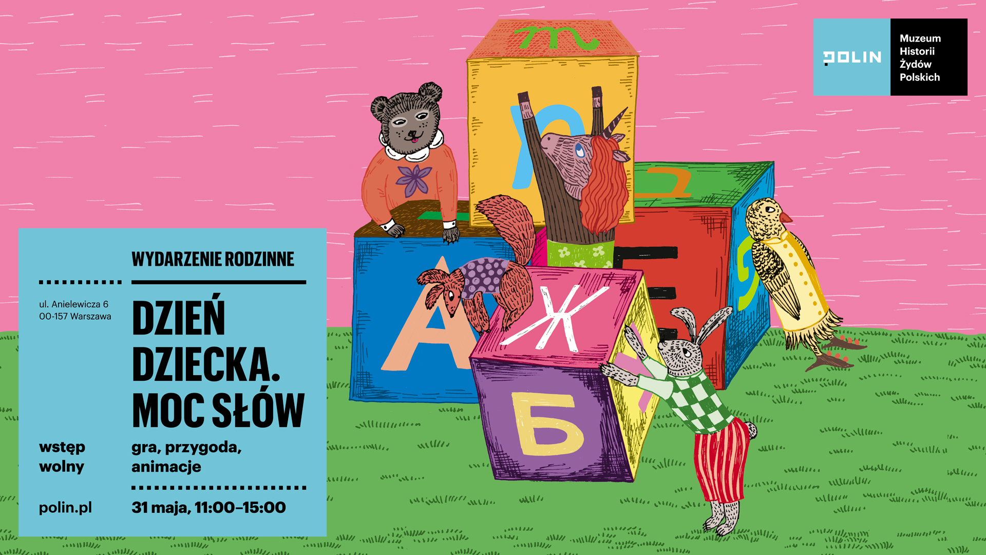 ilustracja przedstawia kolorowo ubrane zwierzaki: misia, zająca, wiewiórkę i jednorożca, bawiące się wielkimi klockami z hebrajskimi literami