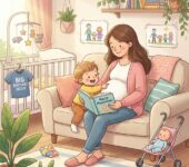 Mama i małe dziecko czytający razem książeczkę o niemowlęciu, przygotowujący się radosne na narodziny rodzeństwa ...