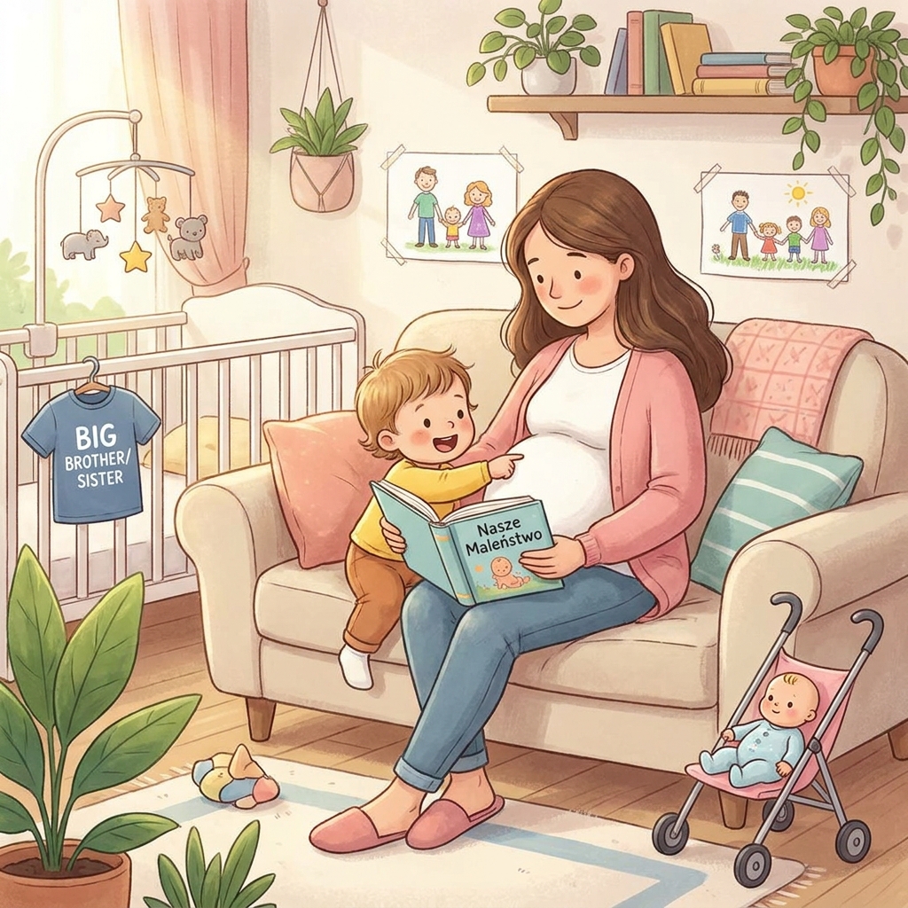 Mama i małe dziecko czytający razem książeczkę o niemowlęciu, przygotowujący się radosne na narodziny rodzeństwa ...