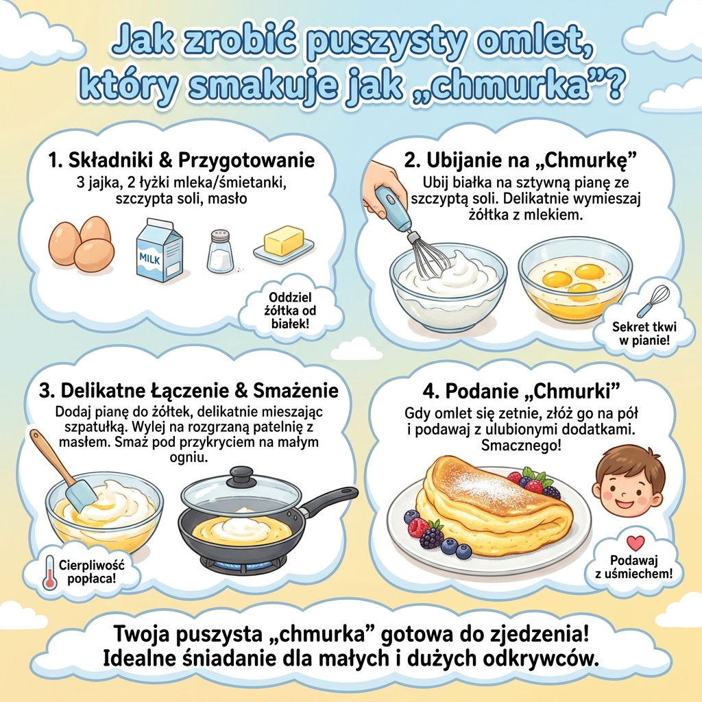 Infografika kulinarna dla rodziców przedstawiająca krok po kroku przepis na puszysty omlet chmurka, idealny na zdrowe ś...