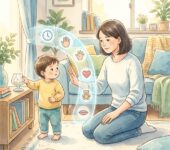 Uśmiechnięta mama kuca przy dziecku, trzymając je za ręce i spokojnie tłumacząc zasady bez krzyku w przytulnym salonie.