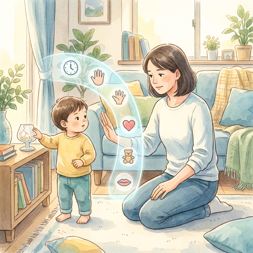 Uśmiechnięta mama kuca przy dziecku, trzymając je za ręce i spokojnie tłumacząc zasady bez krzyku w przytulnym salonie.