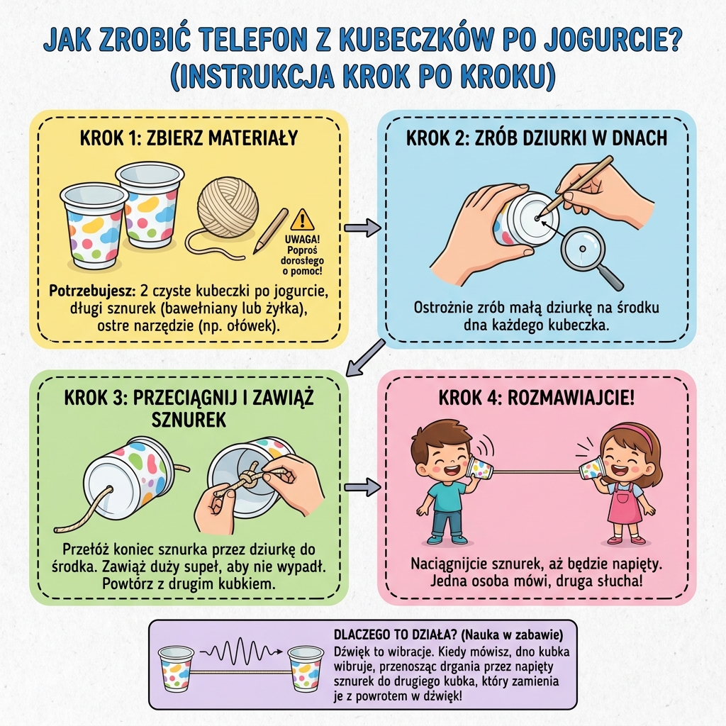 Infografika dla rodziców przedstawiająca instrukcję krok po kroku, jak zrobić telefon z dwóch kubeczków po jogurcie ...