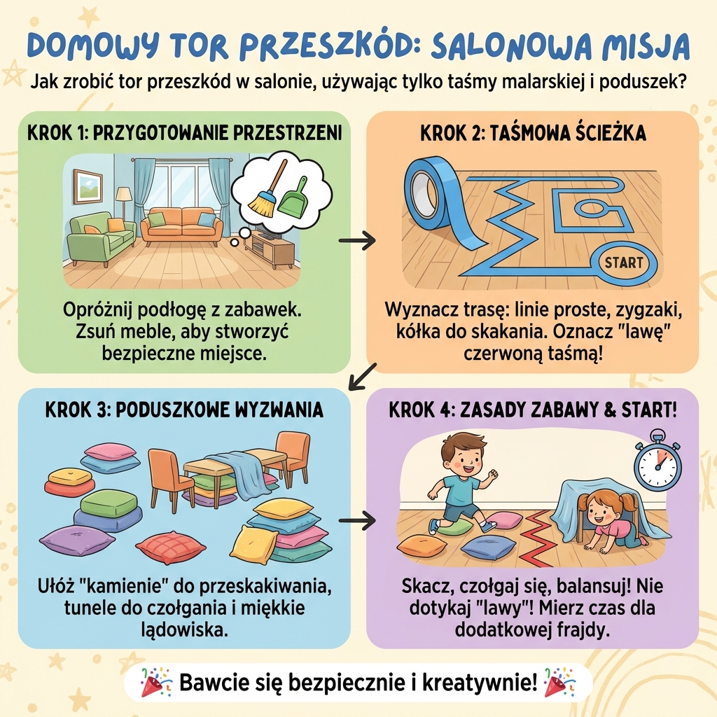 Infografika dla rodziców: jak zrobić domowy tor przeszkód z taśmy malarskiej i poduszek. Kreatywna zabawa ruchowa dla ...