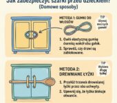 Infografika dla rodziców: jak zabezpieczyć szafki przed dzieckiem domowymi sposobami, używając gumek do włosów lub d...