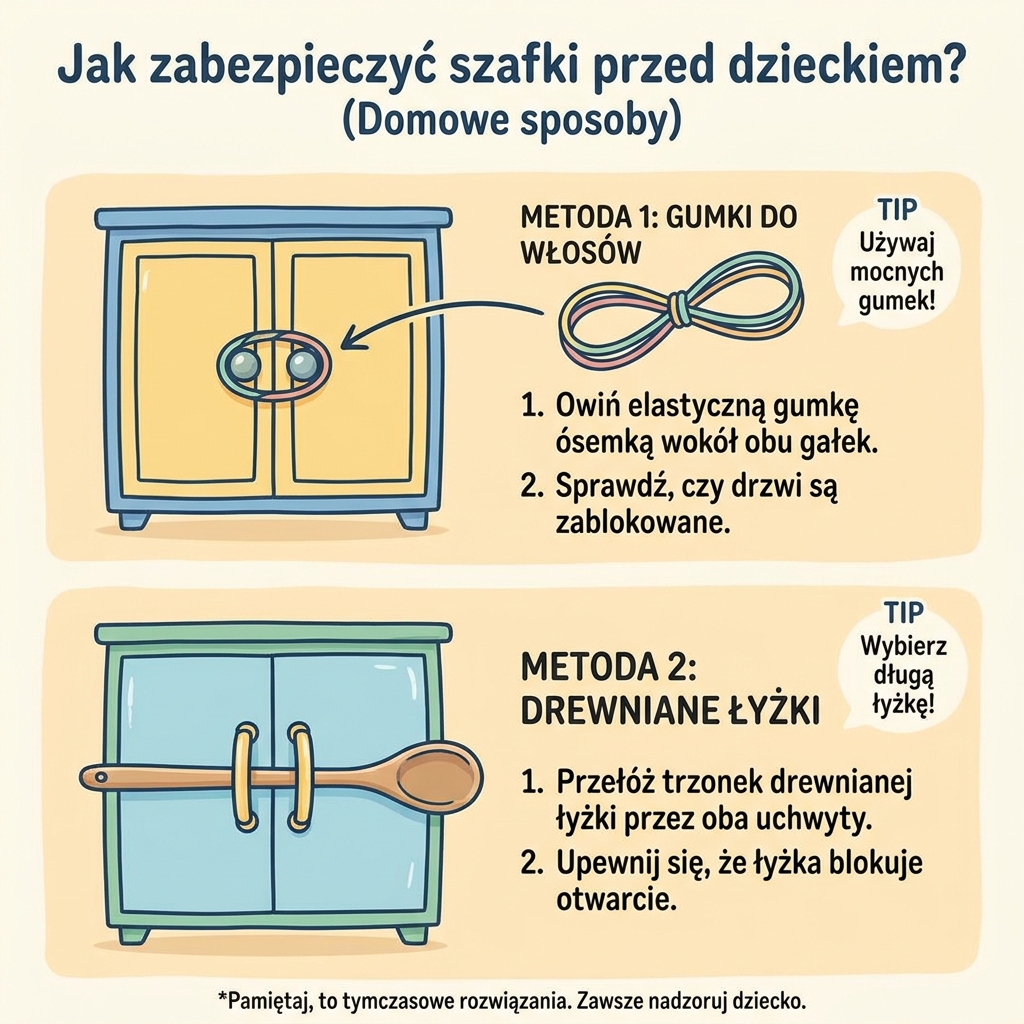 Infografika dla rodziców: jak zabezpieczyć szafki przed dzieckiem domowymi sposobami, używając gumek do włosów lub d...