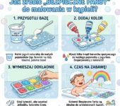 Infografika dla rodziców przedstawiająca prosty przepis krok po kroku, jak przygotować domowe i bezpieczne farby do mal...