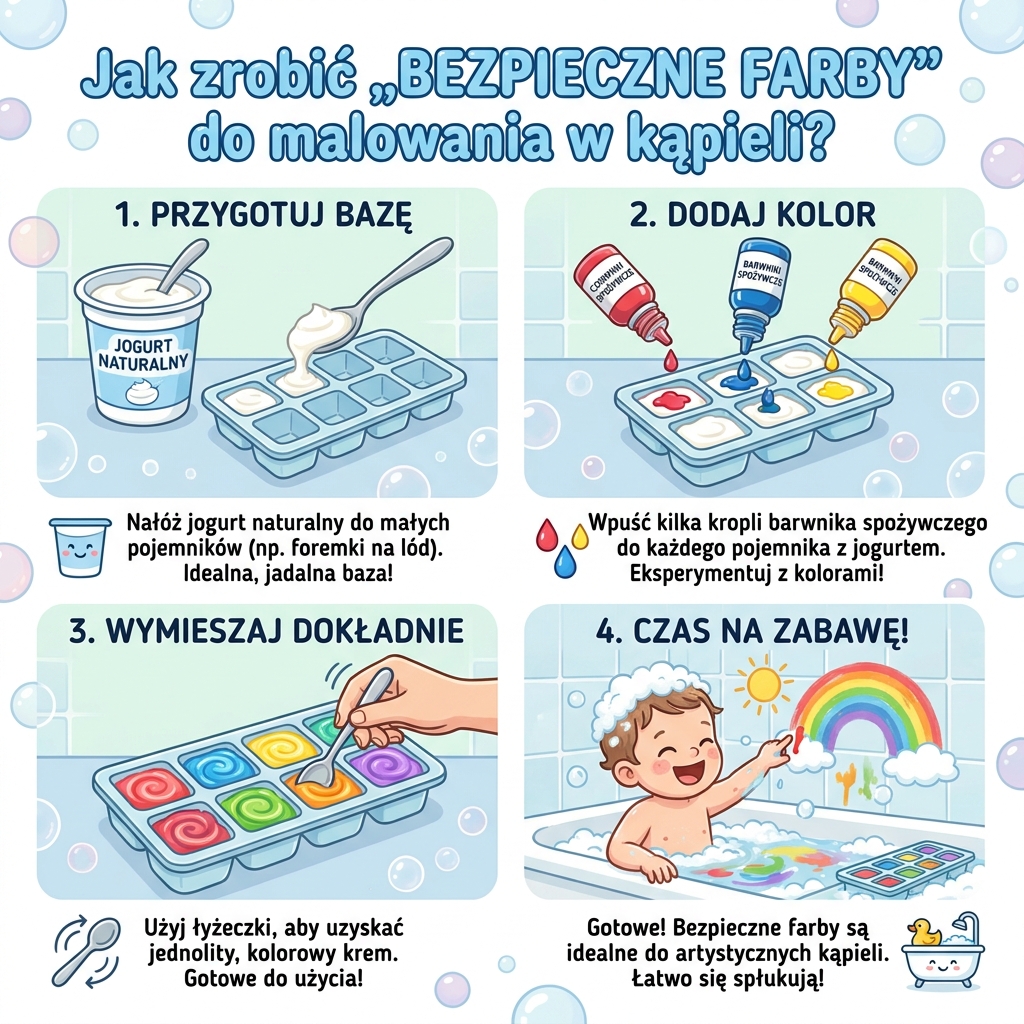 Infografika dla rodziców przedstawiająca prosty przepis krok po kroku, jak przygotować domowe i bezpieczne farby do mal...