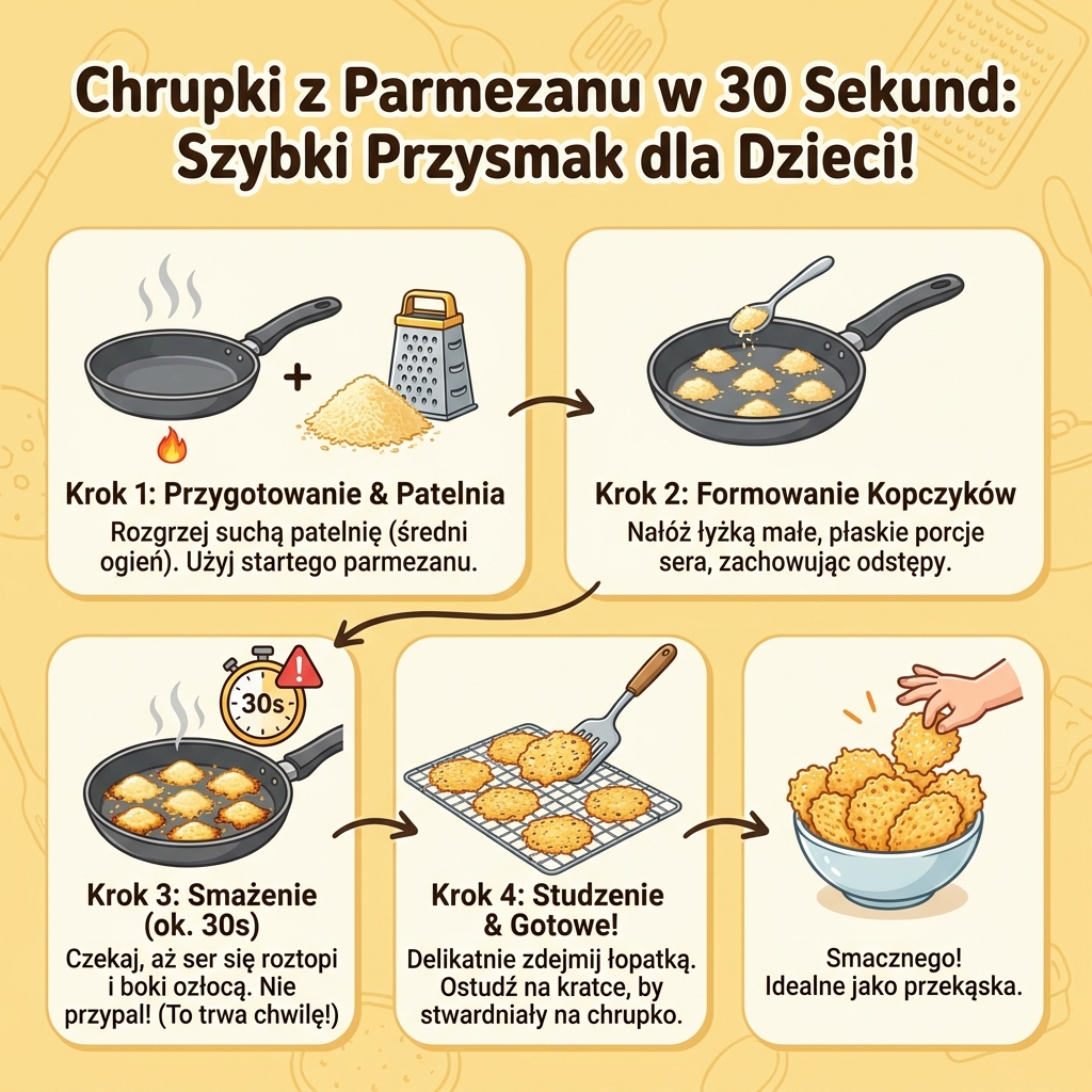 Infografika kulinarna dla rodziców przedstawiająca szybki przepis na domowe chrupki z parmezanu smażone na patelni w tr...