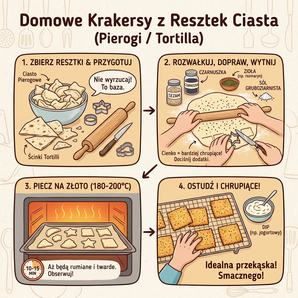 Infografika kulinarna dla rodziców przedstawiająca prosty przepis krok po kroku, jak zrobić chrupiące domowe krakersy ...