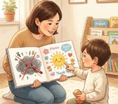 Zdziwiona mama rozmawiająca z małym chłopcem, który zasłania usta ręką, ilustracja do poradnika o oduczaniu dziecka...