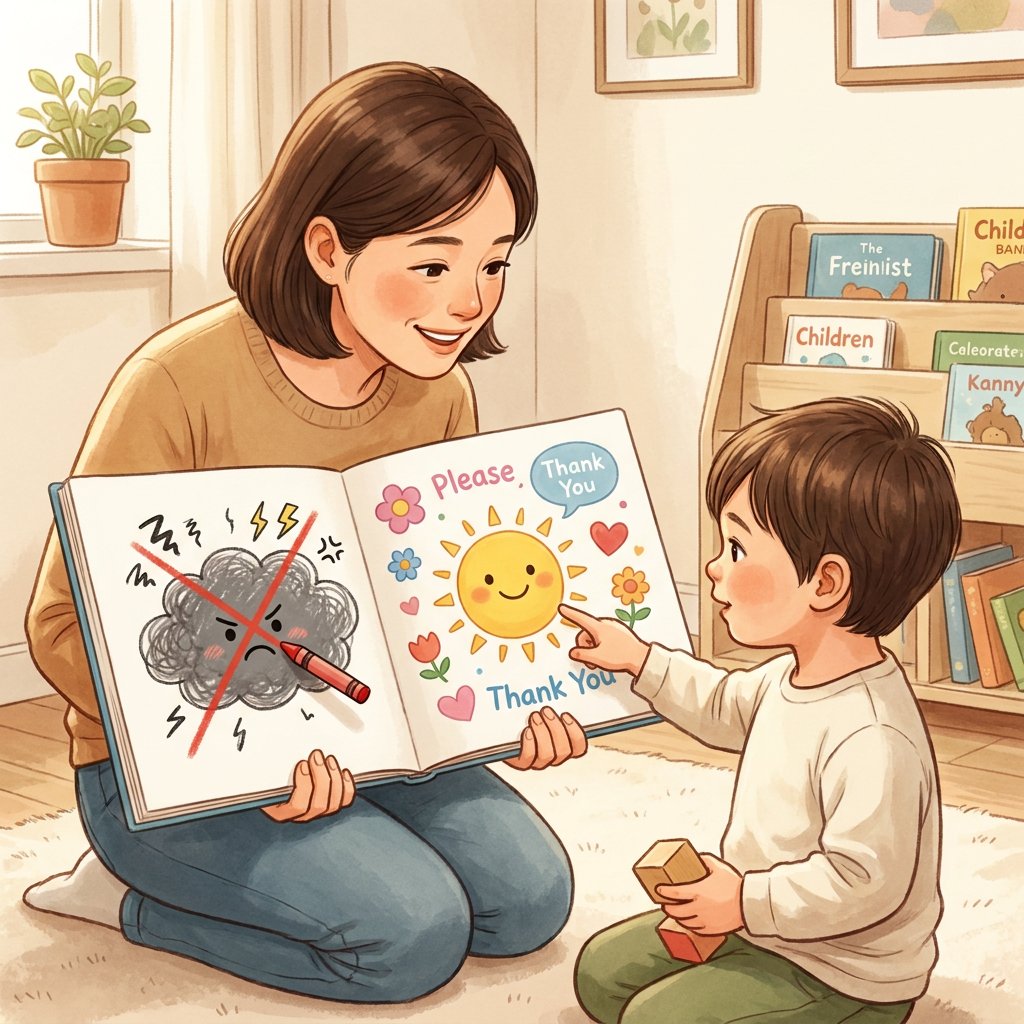 Zdziwiona mama rozmawiająca z małym chłopcem, który zasłania usta ręką, ilustracja do poradnika o oduczaniu dziecka...