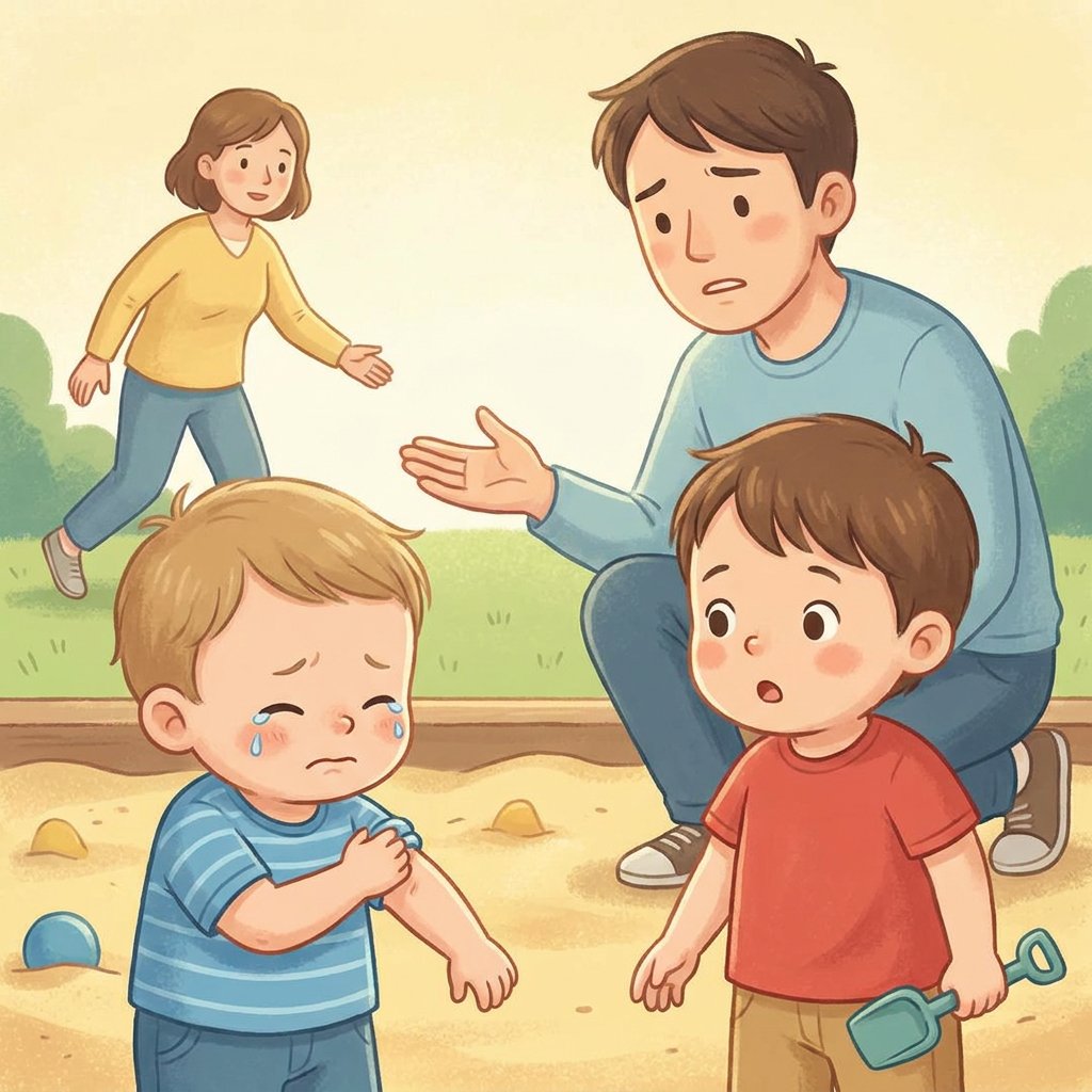 Dzieci bawiące się w piaskownicy, mama wspierająca płaczące dziecko po kłótni z rówieśnikiem, edukacja o stawiani...