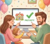 Uśmiechnięta mama i mały chłopiec patrzą z nadzieją w ekran laptopa, sprawdzając listę dzieci przyjętych do przed...