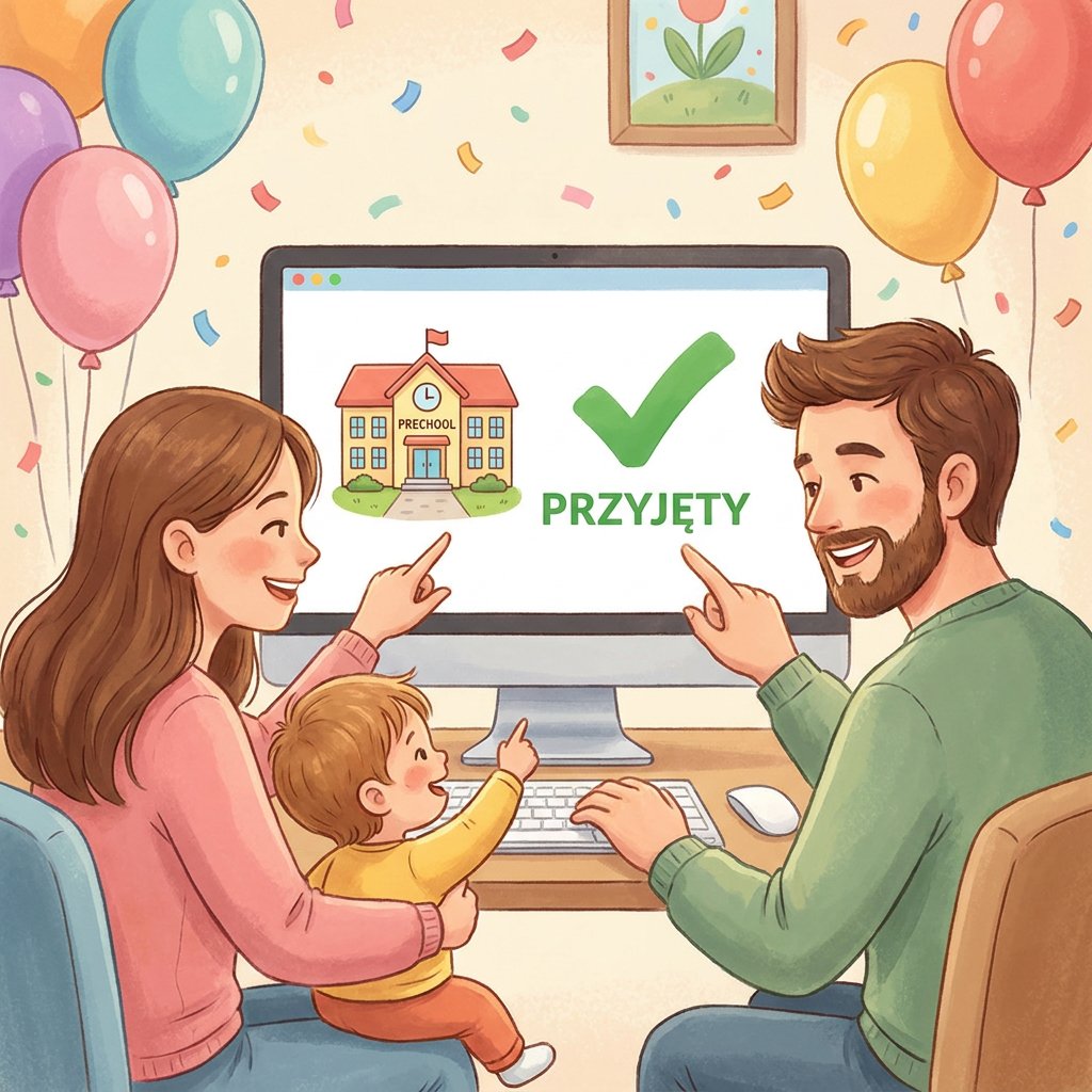 Uśmiechnięta mama i mały chłopiec patrzą z nadzieją w ekran laptopa, sprawdzając listę dzieci przyjętych do przed...