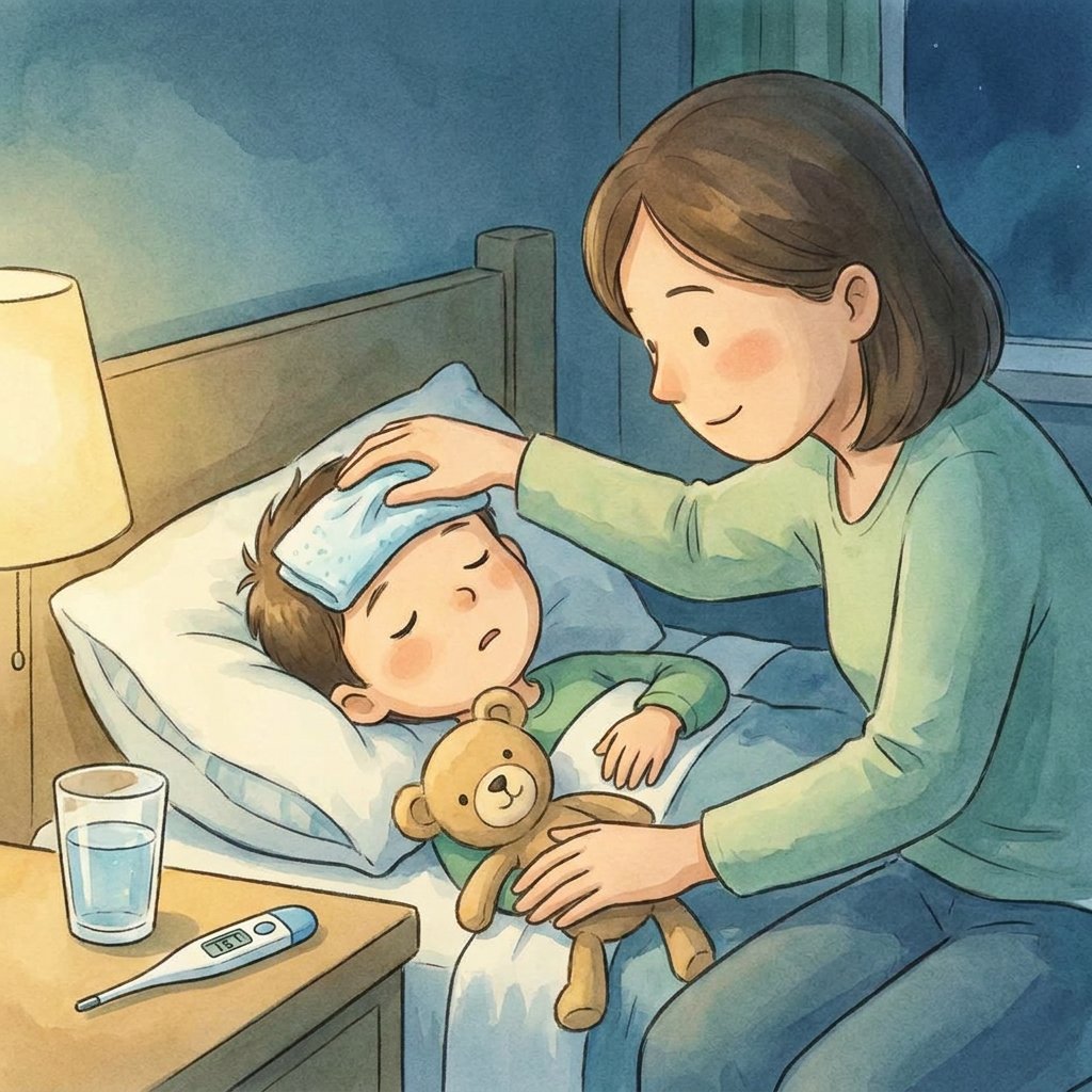 Mama przykładająca dziecku chłodny okład do czoła, ilustracja do poradnika o sposobach na gorączkę u dzieci i niemo...