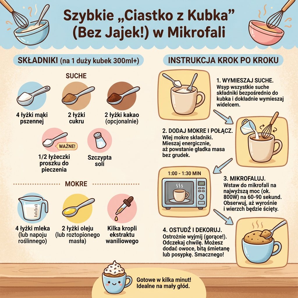 Infografika kulinarna dla rodziców przedstawiająca prosty przepis krok po kroku na pyszne i błyskawiczne ciastko z kubk...