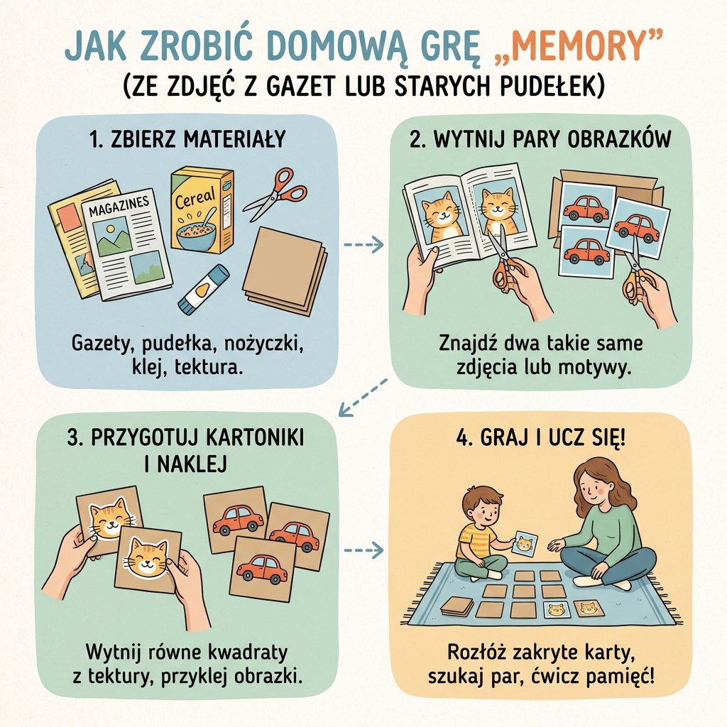 Infografika dla rodziców: Jak zrobić domową grę memory z dzieckiem, wykorzystując stare gazety i pudełka – kreatyw...