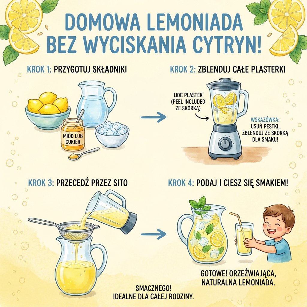 Infografika dla rodziców: jak zrobić domową lemoniadę bez wyciskania cytryn krok po kroku. Prosty przepis na orzeźwia...