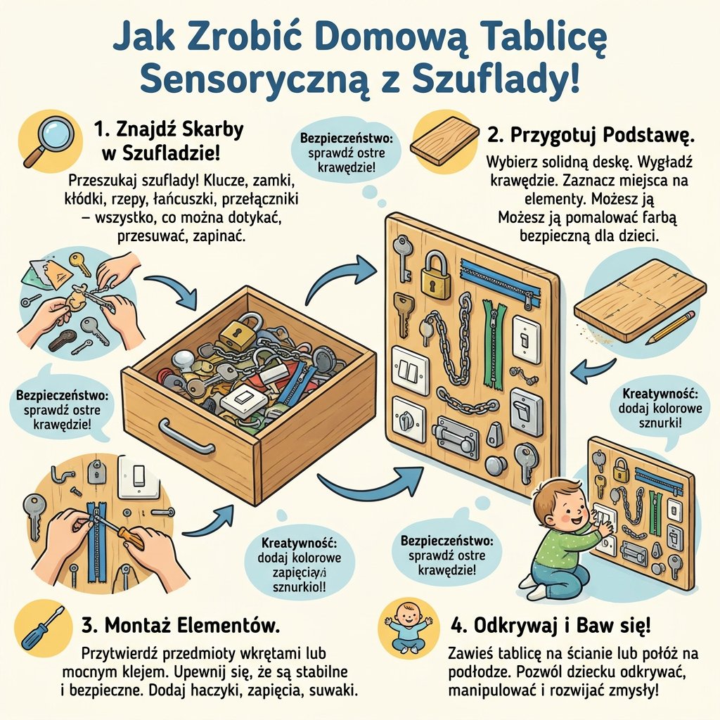 Infografika dla rodziców: jak zrobić domową tablicę sensoryczną DIY z przedmiotów codziennego użytku jak klucze, za...