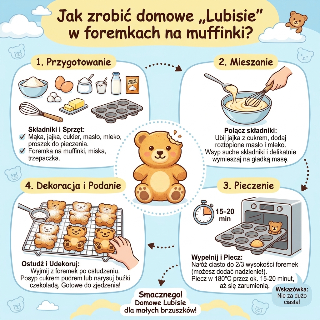 Infografika kulinarna dla rodziców przedstawiająca krok po kroku przepis na domowe ciasteczka typu Lubisie pieczone w fo...