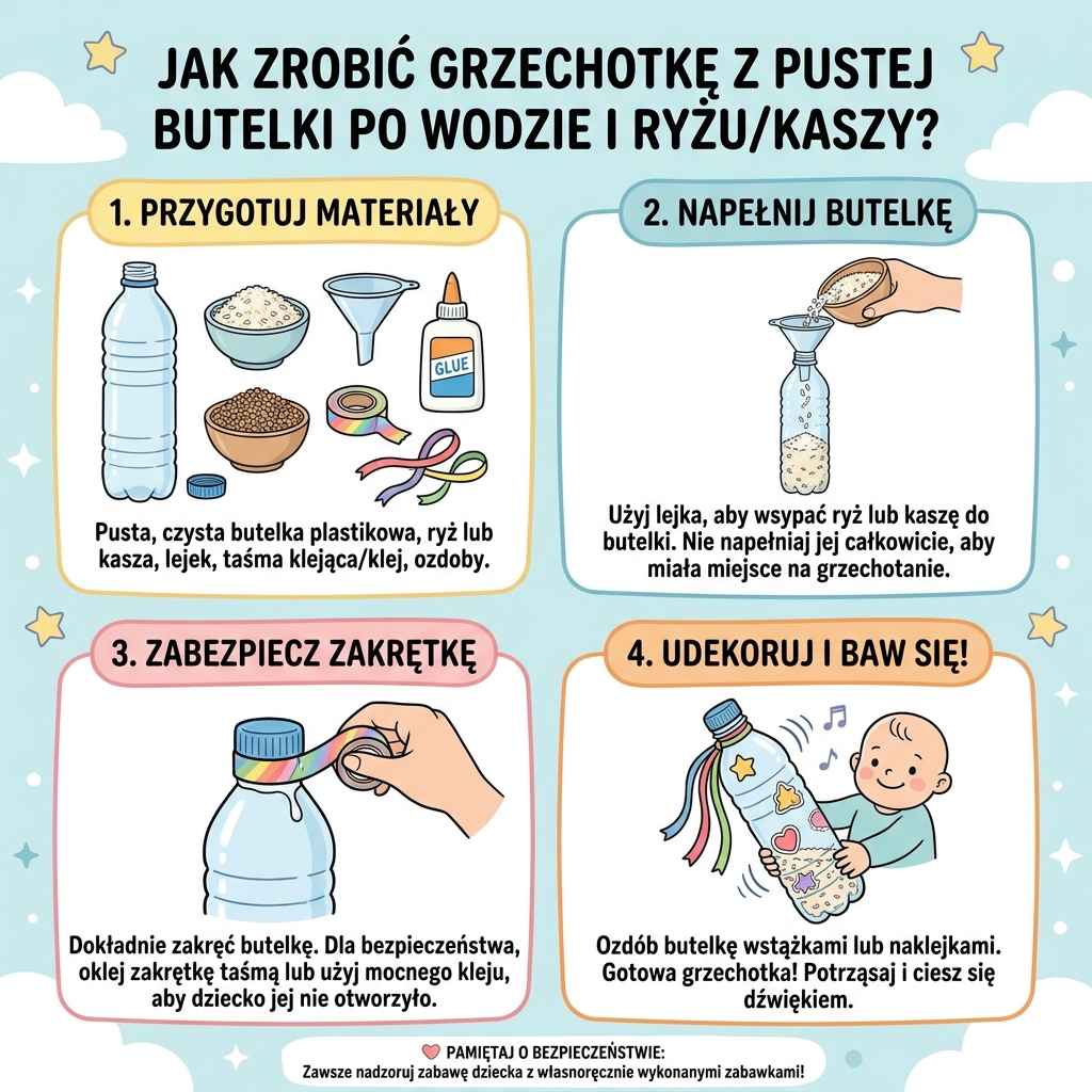Infografika DIY: Jak zrobić grzechotkę z butelki i ryżu. Kreatywna zabawka domowa dla dziecka krok po kroku, prosta i t...