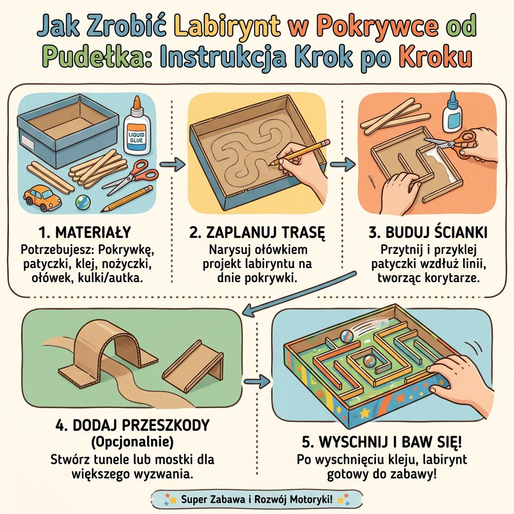 Infografika przedstawiająca instrukcję DIY krok po kroku, jak zrobić kreatywny labirynt dla kulek i autek z pokrywki po...