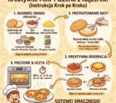 Infografika kulinarna dla rodziców przedstawiająca przepis krok po kroku, jak przygotować domowe mini-pizzerki z bułek...