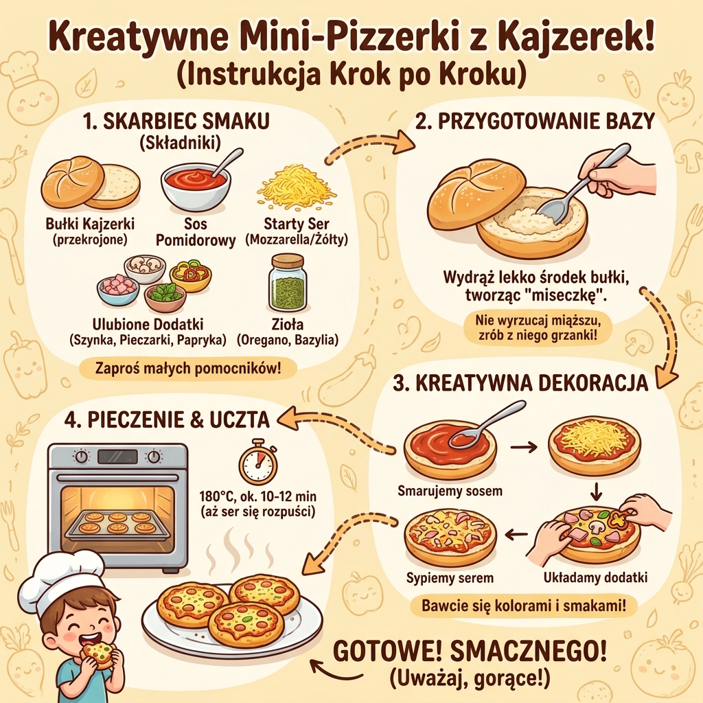 Infografika kulinarna dla rodziców przedstawiająca przepis krok po kroku, jak przygotować domowe mini-pizzerki z bułek...