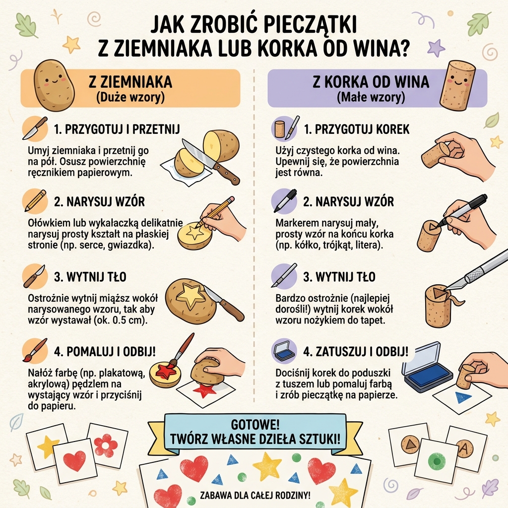 Infografika dla rodziców przedstawiająca kreatywne instrukcje krok po kroku, jak zrobić domowe pieczątki z ziemniaka i...