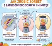 Infografika dla rodziców: Jak zrobić domowy sorbet z zamrożonego soku w 1 minutę – prosty przepis krok po kroku na z...