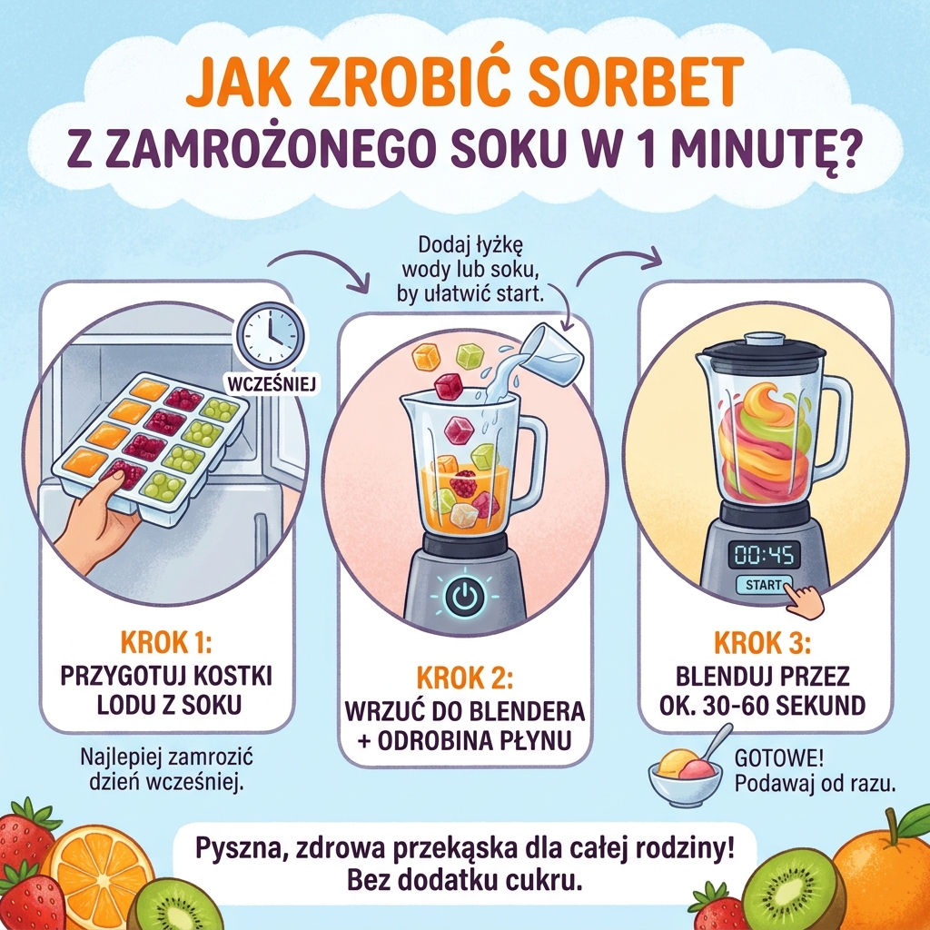 Infografika dla rodziców: Jak zrobić domowy sorbet z zamrożonego soku w 1 minutę – prosty przepis krok po kroku na z...